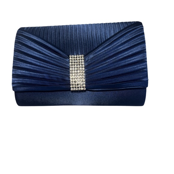 Jessica McClintock Navy Satin Pleated Clutch with Rhinestone Detail and Chain - Picture 1 of 9
